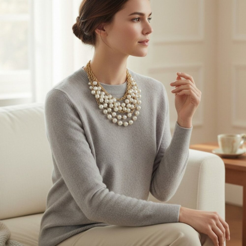 DESIGNER KENNETH JAY LANE GOLD-TONE CHAIN FAUX PEARL CHOKER STATEMENT NECKLACE